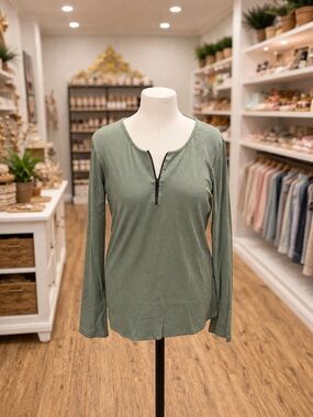 White Birch Quarter Zip Top Sage Green Ribbed 1X 2X 3X Long Sleeve